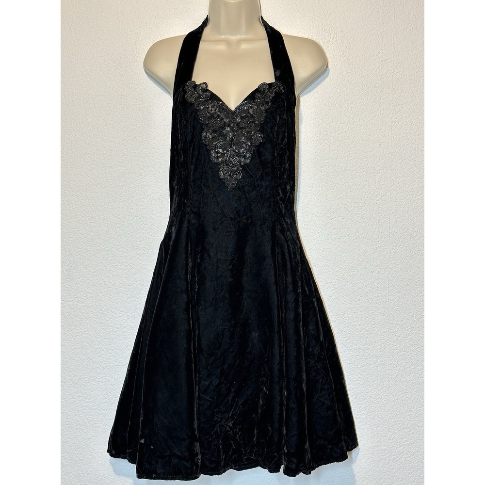 VTG 90s Y2K‎  Black Crushed Velvet Halter Beaded Dress Whimsigoth  Fairy Grunge
